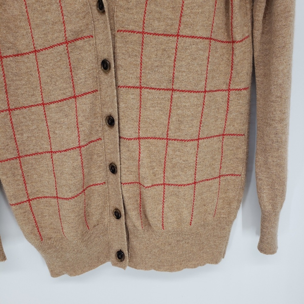 J Crew Windowpane Plaid Cardigan Sweater Womens S Camel Tan Wool Cashmere V-Neck - Picture 5 of 8